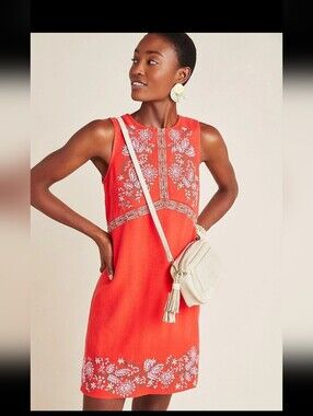 Anthropologie Red Sleeveless Dress With Embroidery Detail.